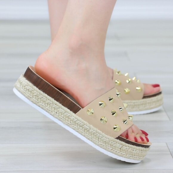 Beige Platform Sandals Gold Studded Slip On Braided Jute Sole Open Toe - Picture 11 of 12